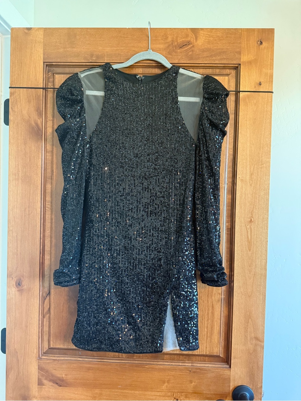 Black Sequin Long-Sleeve Mini Dress with Sheer Shoulder Insets